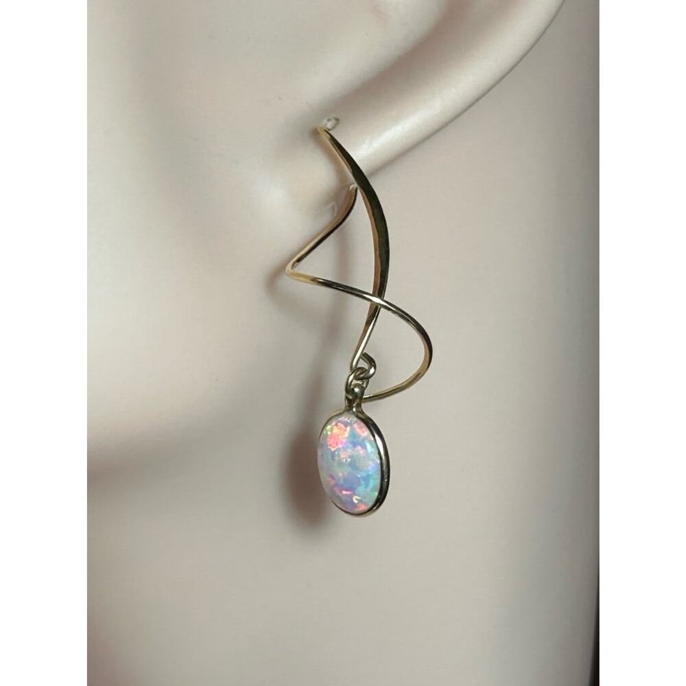 14k solid yellow gold opal gemstone drop dangle hook twist unique earrings